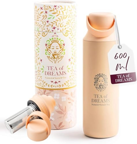 Teeflasche mit Sieb to Go - Trinkflasche 600ml aus Edelstahl - BPA-frei - Thermo Flasche mit Teesieb aus Edelstahl - Peach