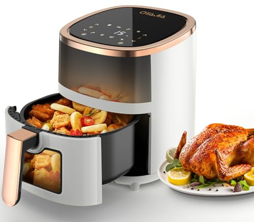 Heißluftfritteuse 6L Airfryer mit 8 Programme, Rapid Air Heißlufttechnologie, Touchscreen, Sichtfenster, Spülmaschinenfest, Fritteuse ohne Öl, Digital,Grillen,Backen,Braten (Weiß)