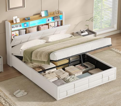 KIMENICH Lit Coffre 140x190 à LED avec Multiprise, Lit 140x190 avec Sommier à Lattes en Bois avec 2 Étagères Ouvertes, Compartiment Caché dans la Tête de Lits, Lits 2 Personnes Capitonnée en PU Blanc