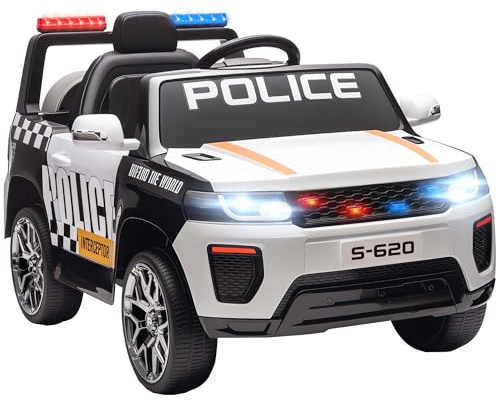 AIYAPLAY Coche Eléctrico para Niños de Policía, Coche de Batería 12V, con Motor Doble, Mando a Distancia 2,4 G, Suspensión en 4 Ruedas, Sirena, Faros LED, Puerto USB, Blutooth y Música, Blanco
