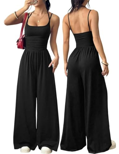 Hanaoops Jumpsuit for Women Sleeveless Spaghetti Strap Long Playsuit Summer Casual Wide Leg One Piece Overalls Ladies Straight Leg Loose-Fit Maxi Cami Romper Holiday Outfits
