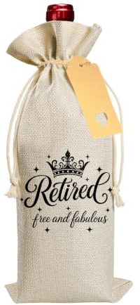 Bliceon Retirement Gifts for Women, Retirement Wine Bottle Gift Bag with Drawstring and Tag, Beige Jute Bottle Bag for Mum, Grandad, Grandma, Friend, Teacher, Sister, Colleague - Style 2