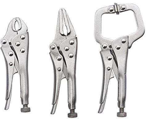 MacWork 3Pcs Mini Locking Plier Set, 4.5in Round Curved Jaw, 5in C-clamp, 5in Long Nose for Grip, Clamp, and Secure