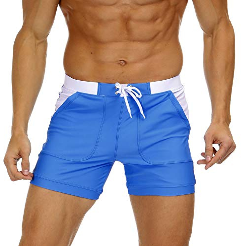 KEFITEVD Men's Quick Dry Swimming Shorts Beach Short Board Swim Trunks Slim Gym Briefs with Adjustable Drawstring, Sky Blue, 34