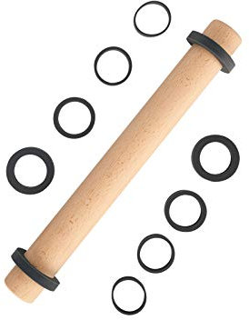 Super Kitchen Adjustable Beech Wood Rolling Pin with Removable Silicone Thickness Guide Rings- Wooden Dough Roller Baking Accessory for Pizza, Pasta, Cookie, Pastry, Fondant Icing (35 x 3.8 cm)