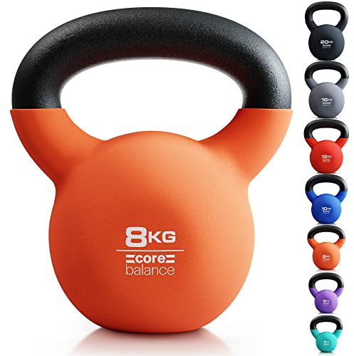 Core Balance 8kg Kettlebell Weight Cast Iron Neoprene Coated Heavy Duty Strength Training (Orange)