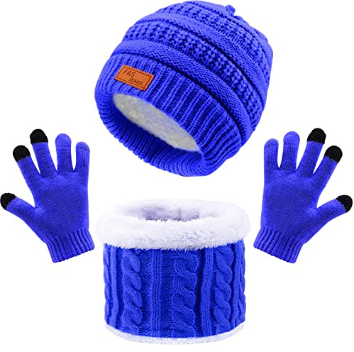 Vintermössa Scarf och handskar 3 i 1, Unisex Pojkar Flickor Baby Varm Stickad Beanie Mössor med rund stickad halsduk hals och handskar, Vintertillbehör för barn från 1 till 10 år, A2-10 Blå, one size