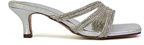 Womens Low Kitten Heel Sandals Ladies Diamante Straps Slip On Sparkly Silver Party Shoes Size 5