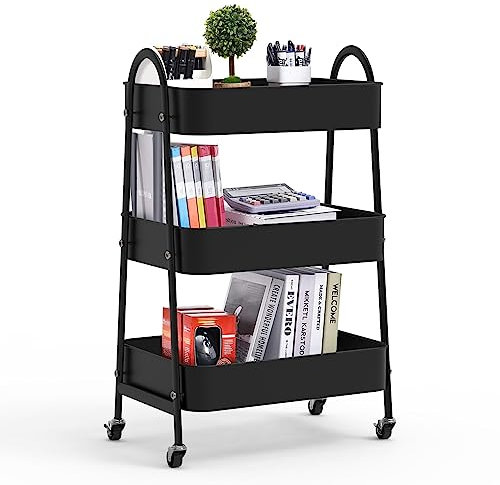 Lvhecforhm Chariot de Rangement Mobile sur 3 Niveaux, Chariot de Cuisine, Rangement a Roulette, Rangement Cuisine, Rangement, Esthetique, de Rangement Multifonctionnel, Noir
