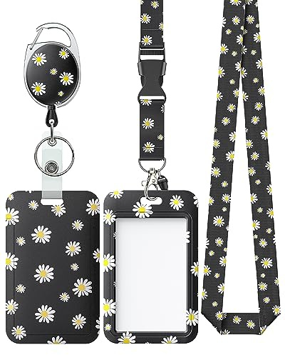 Uniclife Porta Tarjetas Deslizante Floral Funda de Plástico Margarita Blanca con Clip de Retráctil y Correa de Cordón Portatarjeto Identificación Vertical para Carnés Escolares Estudiante de Oficina