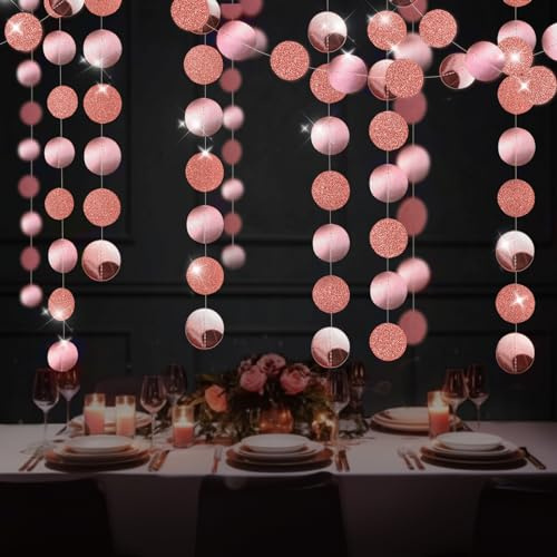 G2PLUS Rose Gold Reflective Paper Garland, 16M Circle Dots Garlands, Polka Dots Hanging Streamer, Paper Garland Party Decoration for Birthday Party, Bridal Shower, Wedding, Graduation