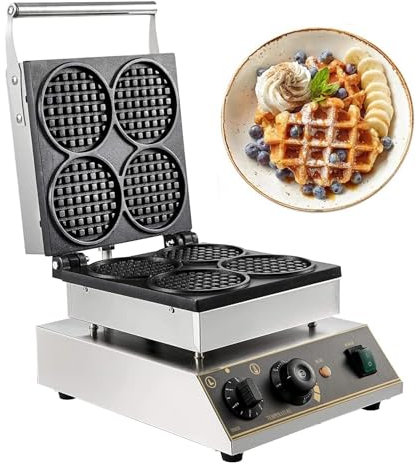 PJDDP Máquina para Hacer Gofres Comercial, 1750W 4 Piezas Gofrera Belgas Antiadherente con Control De Temperatura y Tiempo, Eléctrica Waffle Maker para Panadería,Restaurante,Snack Bar,Cafeterías