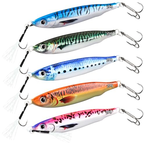 Señuelos de Pesca Hundidos con Impresión 3D, WASAGA 5 Piezas 20g/30g/40g/60g/80g Cebo Giratorio de Metal Duro para Agua Salada y Agua Dulce para Lubina y Caballa y Señuelo de Jigging