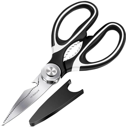 Hi Nature Forbici da Cucina Professionali in Acciaio Inox – Forbici Multiuso Affilate per Pollo, Carne, Erbe – Lavabili in Lavastoviglie – Con Coprilama – Impugnatura Ergonomica