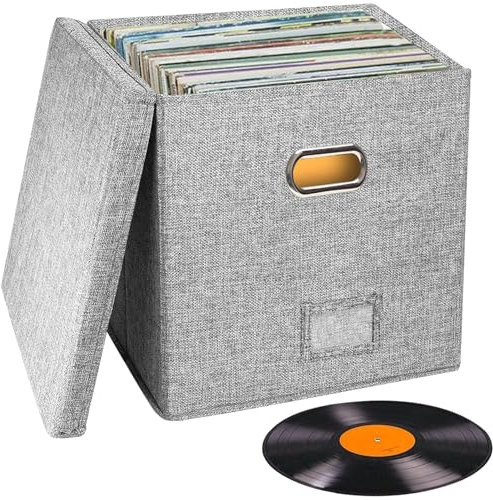 Easyhomie Schallplatten Aufbewahrungsbox, Vinyl Schallplattenkoffer aus Baumwollleinen, Großem Fassungsvermögen für 90 Schallplatten (Grau)