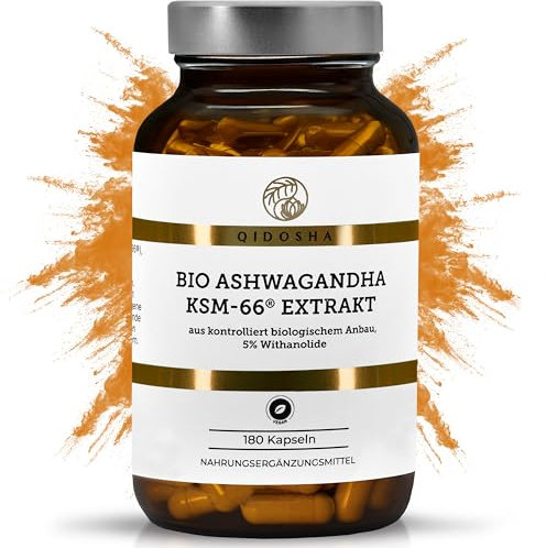 QIDOSHA® Bio Ashwagandha KSM-66® Extrakt, 180 Kapseln, 5% Withanolide, 600mg je Tagesportion