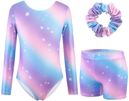 XiaoMoSha Girls Three-Piece Gymnastics Leotards Set Long Sleeve Leotards with Shorts and Hairband Sparkly Ballet Dance Unitards Gradient Color Design Gymnastics Outfits for Kids, PinkPurple, 5-6 Years