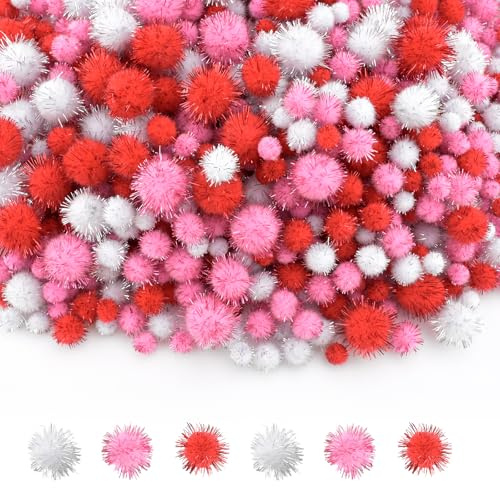 Nachlynn 1000 pompon glitterati in massa, 4 dimensioni assortite, multicolore, morbidi e soffici, per artigianato, fai da te, decorazioni, attività, con sacchetto di conservazione (serie rosa)