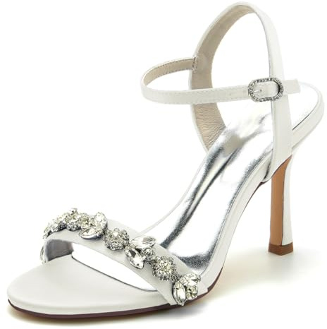 Gycdwjh Verano Zapatos de Novia de Las Mujeres Peep Toe 9.5cm Talón Abierto Satén Tacón de Aguja con Pedrería Correa de Tobillo Sandalias,Marfil,42 EU