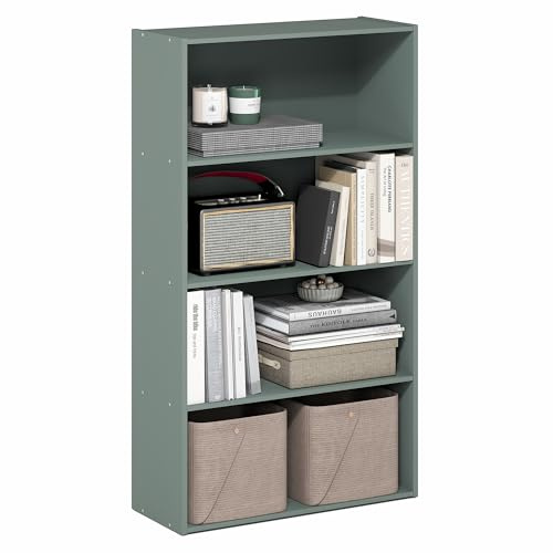 Furinno PASIR Book Shelf, 4-Tier Bookshelf, Bookcase with Open Shelf, 9.4 x 23.6 x 41.7, for Living Room, Bedroom, Home Office, Sage Green