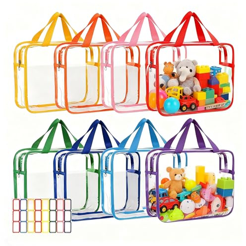 8 Colors Clear Toy Storage Bags: Waterproof PVC Toy Organizing Bags with Label Stickers 30x10x22cm Reusable Storage Bag with Zipper Handle for Building Blocks Puzzles Board Games Book