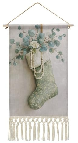 Arazzo da parete in lino, calza di Natale verde salvia con eucalipto poster da parete vintage con nappa e asta in legno