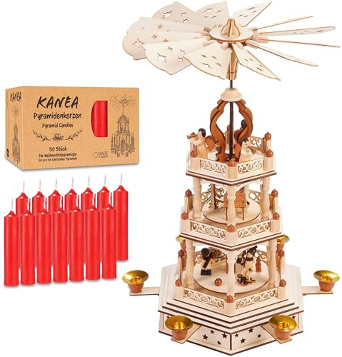 Brubaker Piramide Natalizia con Set di 50 Candele Rosse - Carosello Rotante a Tre Livelli con Figure in Legno Dipinte a Mano - 44 cm Decorazione Festiva - Finitura Naturale