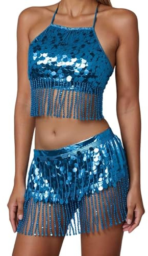 Generisch Gonna corta da donna per danza del ventre con top senza pancia, paillettes, gonne a frange, set reggiseno, top per donne e ragazze, Blu, Taglia unica