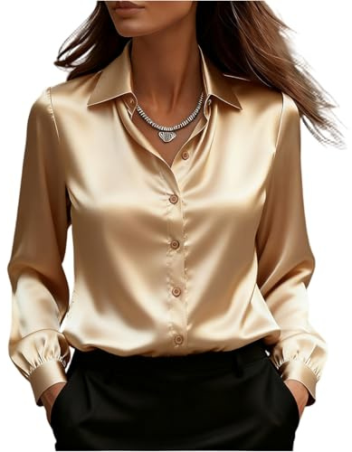 Blouse Femme Chic Et Élégant Chemisier Femme Chemise Satin Juste Ajusté Manches Longues Plissées Col Chemise Boutons Haut pour Sortie Professionnelle Chic B-Champagne, XL
