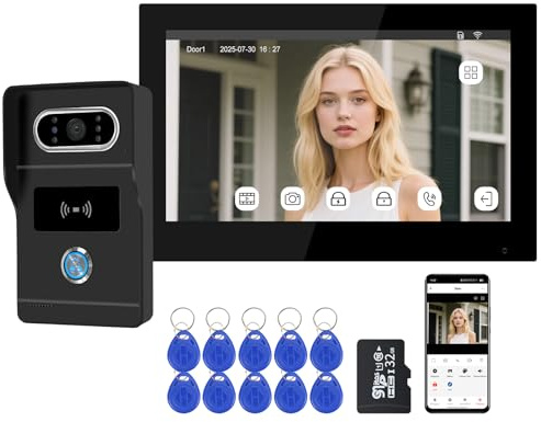 QttyElok Kit Sistema di Videocitofono WiFi Smart a 2 Fili per la Casa, Schermo Touch 7 Pollici con Telecamera Esterno 1080P HD, Audio Bidirezionale, Sblocco Remoto da APP Tuya/Scheda RFID