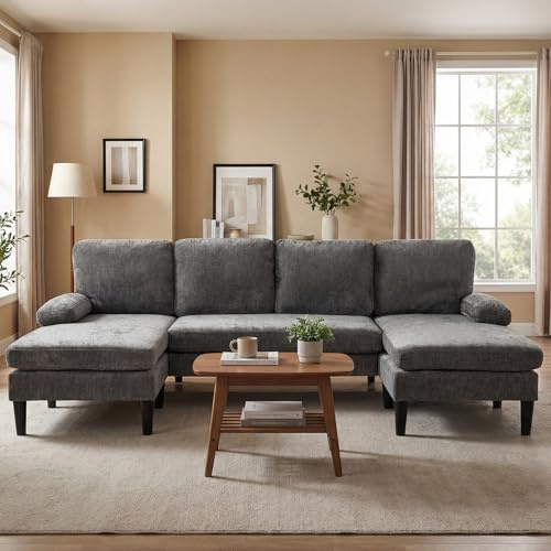 COSTWAY Hörnsoffa med sovfunktion, U-formad soffa för 5–6 sits, manchestersoffa med armstöd, heminredning, modern bäddsoffa för vardagsrum (grå)