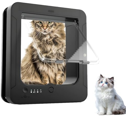 Elektronisk kattlucka med 2 halsband och fjärrkontroll. Mikrochip-husdjurslucka för katter och hundar. Lås i 4 lägen, väderbeständig, passar 18 cm. Tyst drift, hållbar design, enkel installation, he