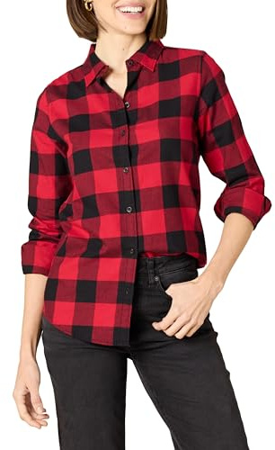Amazon Essentials Chemise en Flanelle à Carreaux Légère, Manches Longues, Coupe Classique Femme, Rouge Carreaux Western, XS