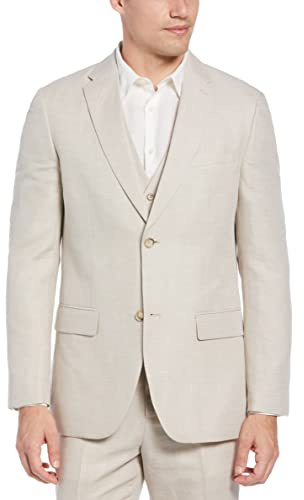 Perry Ellis Men's Linen-Blend Suit Jacket, Breathable Single Breasted Blazer, Regular Fit, with Chest Pocket (Sizes 36-54), 40 Short, Natural Linen Herringbone