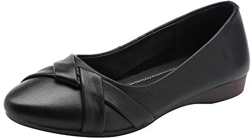 rismart Women's Leather Ballet Pumps Slip on Low Wedge Comfortable Work Shoes SN02549(Black,6.5 UK)