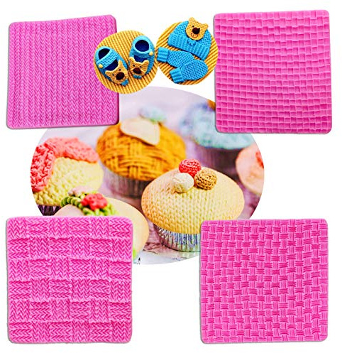 MUYULIN Knitting Cake Molds, (4 Pack) Sweater Design Mat Silicone Fondant Molds Texture Stamp Mat for Birthday Cake Decorating Cupcakes Topper Sugarcraft Topper Polymer Clay Texture