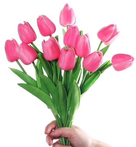huaao 12pcs Tulipes Fleurs Artificielles en Latex Fausse Touche Réel Bouquet Décoration Nuptiale pour Vase Fête Mariage Maison Bureau, Arrangements Floraux, Rose
