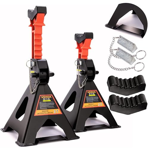 Verda Cavalletti di sostegno 3T, 295 – 425 mm, cavalletti di sostegno, base rinforzata, supporto per cric a scelta, per officina professionale, cambio pneumatici, camper (3T con fusibile e gomma)