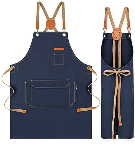 RockyToy Chef Apron with Cross Back Straps for Men Women, Cotton Canvas Apron for Artists Painting, Kitchen Cooking, Navy Blue