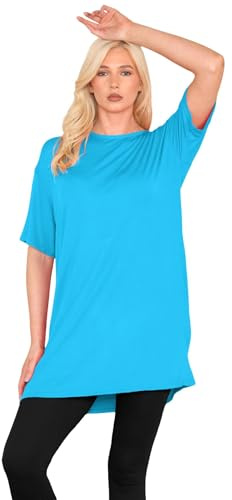 janisramone® Womens Short Sleeve Tunic T Shirts, Round Neck Oversized T Shirts for Women UK, Soft Comfortable Pj Dress, Perfect Summer Longline Ladies Tops Turquoise