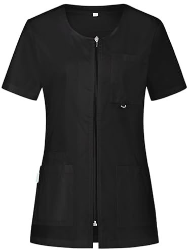 B-well Stella Camice Medico Donna Casacca Infermiere con Cerniera Camice da Lavoro Donna con Cerniera Manica Corta Scollo V, 4 Tasche, Nero, XXL
