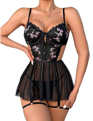 RPAEOY Lingerie Donna Pizzo Bustier con Gonna Ricamato Floreale Completo Intimo Elegante Abbigliamento Notte Reggicalze Set Intimi Sexy