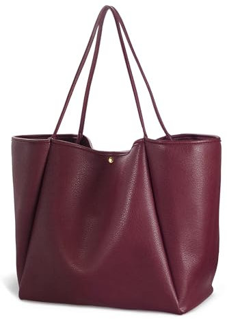 Hoxis Übergroße vegane Leder-Tragetasche für Damen, Wochenendtasche, Shopper Handtasche, Reise-Geldbörse, Dunkelrot, Medium