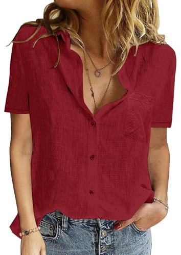 PASUDA Chemise Femme Haut ÉTÉ pour Femmes Chic et Élégant Coton Lin T-Shirt Manche Courte Col en V Chemisier Tunique Tops avec Boutons D'été Décontractés Ample Couleur Unie Blouse (Vin Rouge, L)