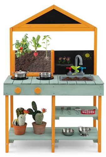 DREAMADE Cuisine Enfants en Bois, Jeu de Cuisine Extérieure avec Bac à Plantes, 2 Tableaux Noirs, Evier Amovible, Etagères de Rangement, Ustensiles de Cuisine, pour Enfants de 3+ Ans (Vert)
