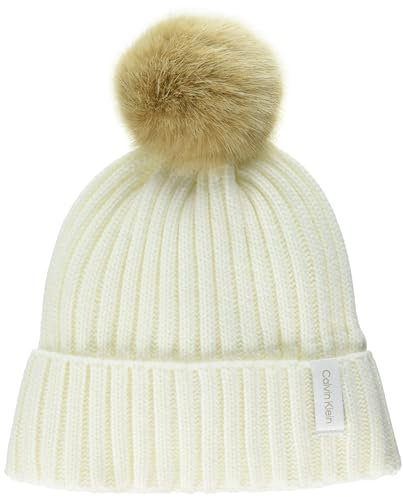 Calvin Klein Damen Faux Fur Pom Knit Cold Weather Super Soft Hat Beanie-Mütze, Cream, Einheitsgröße