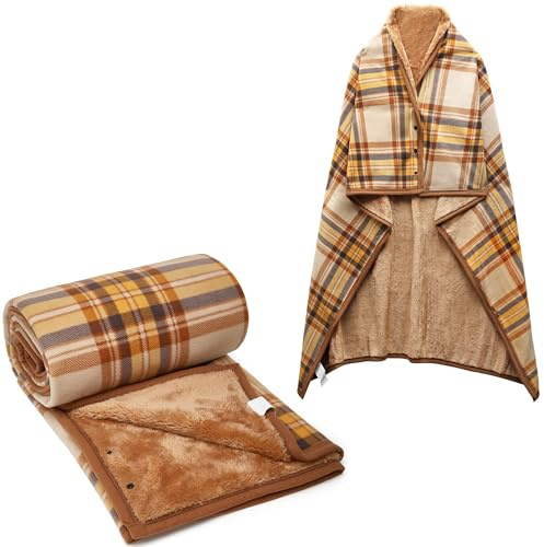 SIVENKE Women's Poncho Fleece Portable Blanket, Checked Lap Blanket, Comfortable Poncho, Plush Blankets, Throw Scarf, Wrap Cover, Cape with Buttons for Bed, Sofa, Office, Yellow-Brown L, 140x160
