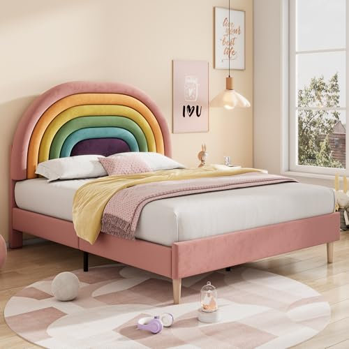 4ft6 Double Bed Frame Upholstered Platform Bed with Height-adjustable Rainbow Headboard, Girls Youth Bed Guest Bed for Adults&Teenagers, Metal-Wood Support, Velvet, No Mattress, Pink, 135x190 cm