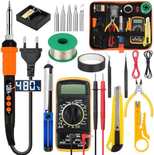 20PCS Soldador Estaño Set, 90W Soldador Estaño Temperatura Ajustable 180-480°C con 5 Pcs Puntas Diferentes, Kit Soldadura Eléctrónica con Multímetro Digital, Bomba Desoldadora, Alambre de Soldadura