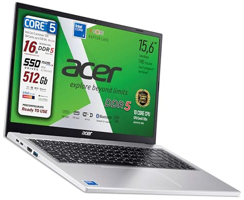 Acer Notebook Extensa Silver, Cpu Intel Core 5-120U 10core, 10Core, Display FullHD 15,6, RAM 16Gb DDR5, SSD PCIe NVMe 512 Gb, Wi-Fi6, BT, 4 usb di cui 2 USB type-c, pronto all'uso